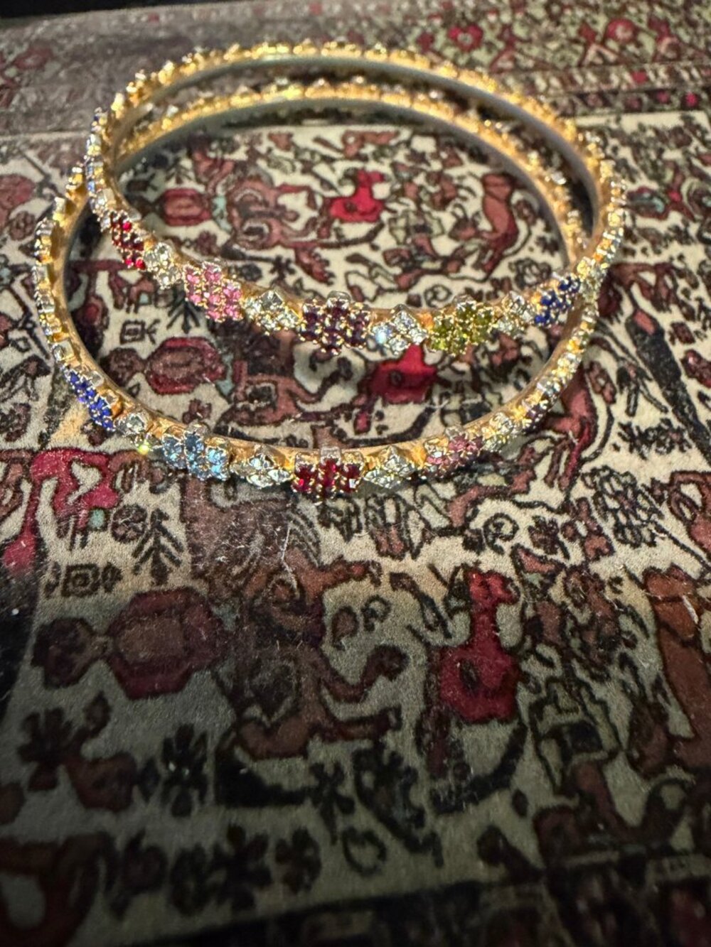Gold Multicolor Rhinestone Bangles Pair 2.6in